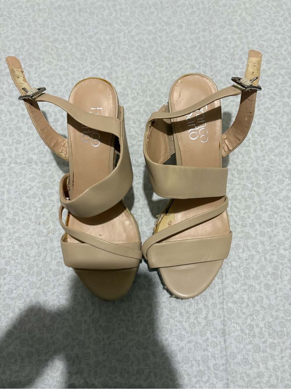 Franco Sarto Beige Leather Open Toe Wedge Sandals Ankle Strap Buckle 7M